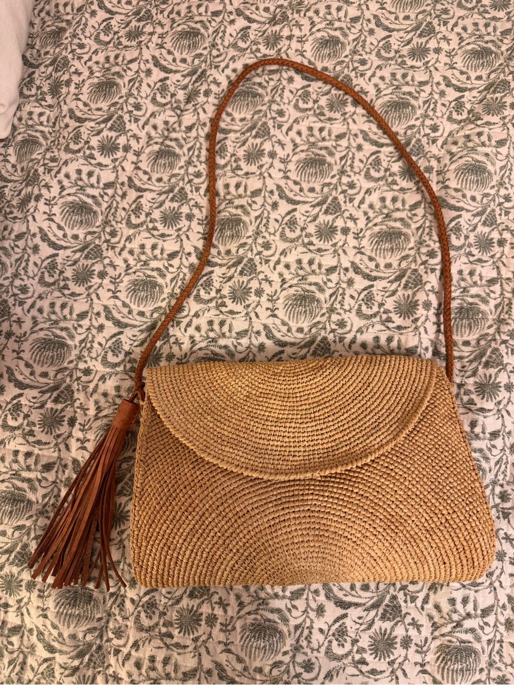 Woven Straw Crossbody Bag with Braided Strap and Tassel - Tan